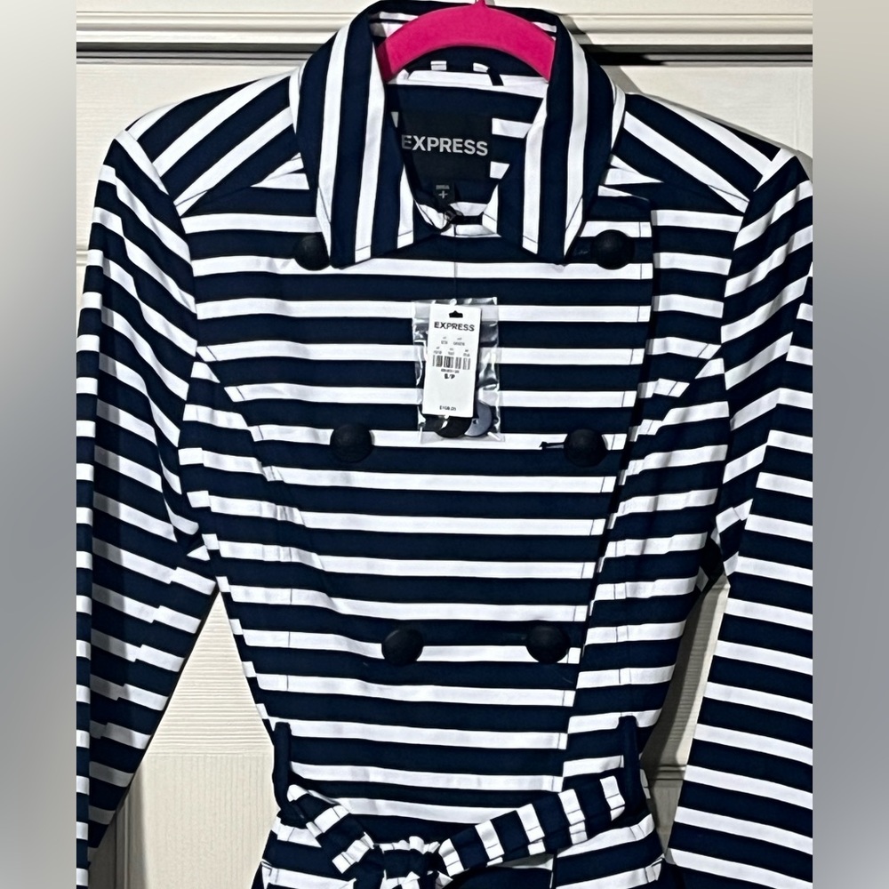 Express Navy/White Striped Long-Sleeved Belted Trench.  Size-S/P.
